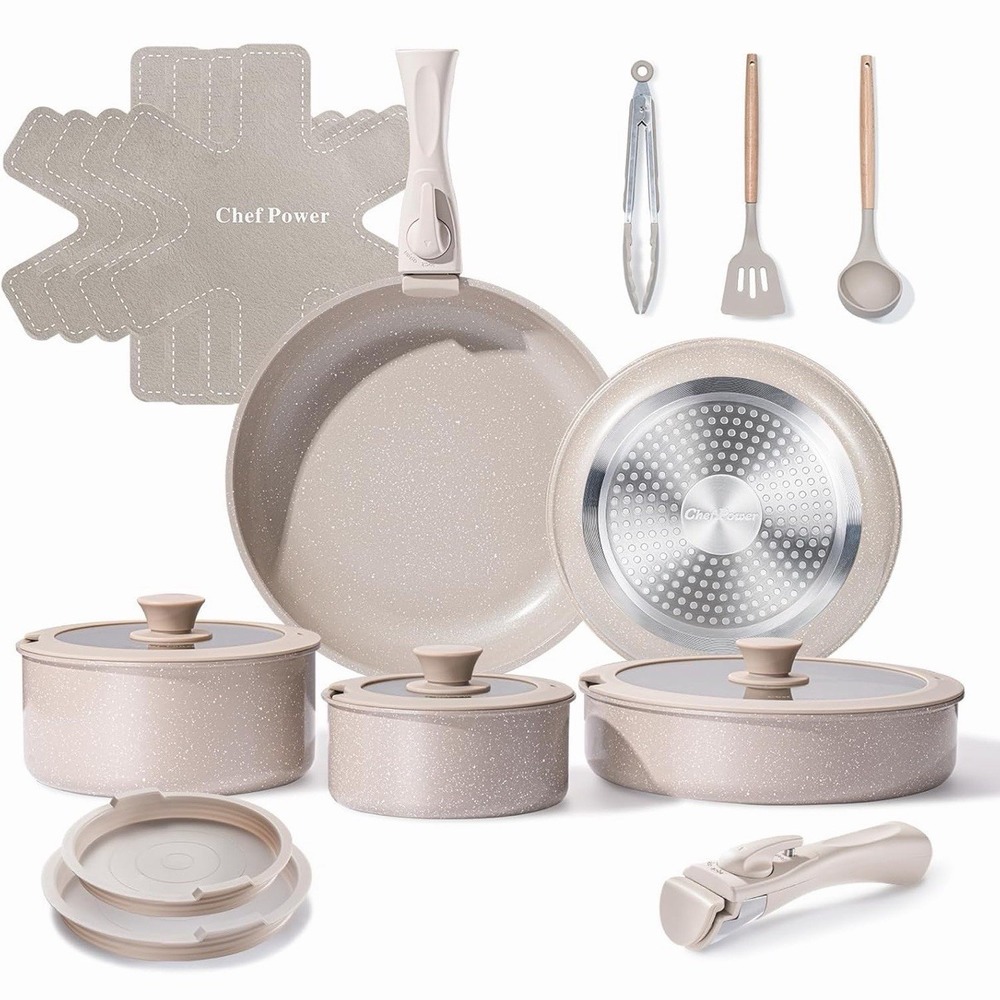 Chef Power Ceramic Nonstick Pots and Pans Set 19 Piece with Detachable Handle, I